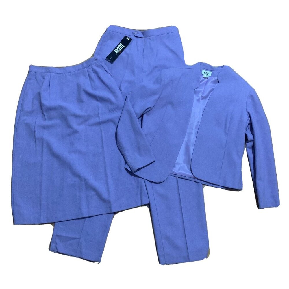 NWT Vtg Purple 3 Pc Suit Pant Skirt Plus Size Lined Jacket Top USA Lucia 14-16